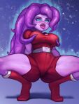 absurd_res akeowi alien alien_humanoid awesomenauts big_breasts blue_eyes blue_sclera bodysuit breasts clothing coco_nebulon crouching eyelashes female footwear freckles hair hi_res humanoid lips long_hair looking_at_viewer noseless pink_lips pseudo_hair purple_body purple_hair red_bodysuit red_clothing red_footwear red_shoes red_skinsuit shoes skinsuit solo spread_legs spreading tentacle_hair tentacles thick_lips thick_thighs tight_clothing wide_hips