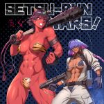 abs animal_print bare_shoulders biceps breasts club_(weapon) colored_skin flexing highres horns large_breasts long_eyelashes long_hair long_sleeves monster_girl multiple_girls muscular muscular_female navel obliques ogami oni open_mouth original pointy_ears purple_eyes purple_hair red_oni red_skin short_hair simple_background smile spiked_club tall_female thick_thighs thighs tiger_print toned weapon 