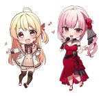  2girls ahoge blonde_hair breasts brown_thighhighs chibi cleavage dress flower hair_flower hair_ornament heart high_heels highres holding holding_microphone hololive hololive_dev_is hololive_english long_hair microphone mori_calliope mori_calliope_(3rd_costume) multiple_girls music musical_note musical_note_hair_ornament otonose_kanade pink_eyes pink_hair plaid plaid_dress red_dress red_eyes red_nails singing thigh_strap thighhighs virtual_youtuber yan.c 