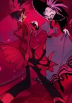  1boy 1girl alastor_(hazbin_hotel) closed_eyes dancing demon demon_girl demon_horns dress hat hazbin_hotel highres horns mi_soxxx10 pants red_hair red_pants red_suit rosie_(hazbin_hotel) suit sun_hat 