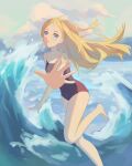  1girl absurdres barefoot blonde_hair blue_eyes blue_one-piece_swimsuit blue_sky cloud competition_school_swimsuit day foreshortening highres hu_pi_xuan_jiao kofune_ushio long_hair one-piece_swimsuit outdoors running school_swimsuit sky solo summertime_render swimsuit waves 