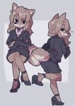 anthro blush bottomwear business_suit canid canine canis clothing crossed_arms female footwear fur grey_body grey_fur half-closed_eyes hi_res high_heels mammal narrowed_eyes rear_view simple_background sitting skirt smile smiling_at_viewer smirk smirking_at_viewer smug solo suit wolf yagi_the_goat