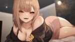  1girl bare_shoulders black_sweater breasts brown_eyes brown_hair cleavage commentary_request condom condom_wrapper danimaru fangs holding holding_condom indoors looking_at_viewer lying medium_breasts medium_hair on_side open_mouth pink_skirt skirt smile solo sweater teeth thighs 