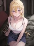  1girl bare_arms bare_shoulders blonde_hair blue_shorts blush breasts cleavage collarbone commentary_request denim denim_shorts ear_piercing hair_between_eyes hamu_(plot_sy) highres large_breasts long_hair looking_at_viewer original parted_lips piercing purple_eyes shirt short_shorts shorts sitting sleeveless solo white_shirt 