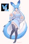 absurd_res alternate_species anthro asekeu biped blue_body blue_eyes blue_fur blue_hair bottomwear breasts chillet clothed clothing dipstick_tail dragon female fur hair hi_res humanoid humanoidized legwear mammal markings multicolored_hair pal_(species) pal_humanoid palworld solo tail tail_markings two_tone_hair white_body white_fur