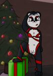 anthro anus bear bottomless christmas christmas_tree clothed clothing covered_breasts digital_media_(artwork) female genitals giant_panda gift hi_res holidays looking_at_viewer mammal melissa_(milesmind) milesmind plant pussy solo tree