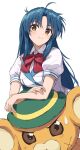  1girl ahoge blue_hair blush bonta-kun bow brown_eyes chidori_kaname closed_mouth collared_shirt commentary crossed_arms full_metal_panic?_fumoffu green_headwear hat head_tilt highres long_hair looking_at_viewer parted_bangs puffy_short_sleeves puffy_sleeves red_bow school_uniform shirt short_sleeves simple_background sketch smile solo sweatdrop upper_body very_long_hair white_background white_shirt yanagi_marie 