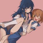  2girls ;d arm_around_waist bare_legs blue_eyes blue_hair blue_sailor_collar blue_skirt blush brown_eyes brown_hair brown_sweater_vest closed_mouth expressionless hino-san_no_baka hino_nagisa holding_another&#039;s_foot inuko_(ink0425) kneehighs koguma_koharu legs long_hair looking_at_another lying medium_hair multiple_girls on_back on_side one_eye_closed open_mouth pink_background pleated_skirt sailor_collar school_uniform serafuku short_sleeves sidelocks simple_background skirt smile socks sweatdrop sweater_vest white_serafuku white_socks yuri 