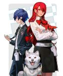  1boy 1girl armband blue_hair dog evoker gekkoukan_high_school_uniform highres kirijou_mitsuru koromaru_(persona) okojo persona persona_3 persona_3_reload red_armband red_eyes red_hair s.e.e.s school_uniform yuuki_makoto_(persona_3) 