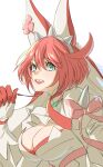  1girl animal_ears blue_eyes bow breasts cleavage clover dress dress_bow elphelt_valentine fake_animal_ears four-leaf_clover guilty_gear guilty_gear_xrd hair_between_eyes hitsuji_kusa large_breasts looking_at_viewer open_mouth pink_bow pink_hair rabbit_ears solo teeth upper_body upper_teeth_only wedding_dress white_dress 