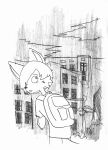 absurd_res backpack bruised canid canine efradraws fox graphite_(artwork) hi_res mammal monochrome one_eye_obstructed pencil_(artwork) post-apocalyptic ruins sketch traditional_media_(artwork)