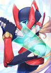  1boy android aqua_eyes armor blonde_hair energy_blade energy_sword gloves green_eyes harnetyss helmet highres holding holding_sword holding_weapon long_hair male_focus mega_man_(series) mega_man_zero_(series) ponytail robot robot_ears solo sword weapon z_saber zero(z)_(mega_man) zero_(mega_man) 