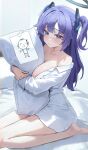  1girl barefoot bed_sheet blue_archive blush breasts closed_mouth collared_shirt doodle_sensei_(blue_archive) halo highres hugging_object indoors large_breasts long_hair long_sleeves looking_at_viewer mechanical_halo num_s1x pillow pillow_hug purple_eyes purple_hair sensei_(blue_archive) shirt sitting solo two_side_up wariza white_shirt yuuka_(blue_archive) 
