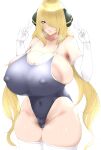  1girl absurdres aizawa_marimo areola_slip armpit_hair armpits blonde_hair blue_one-piece_swimsuit blush breasts cleavage competition_swimsuit covered_navel covered_nipples cynthia_(pokemon) double_v elbow_gloves female_pubic_hair gigantic_breasts gloves hair_ornament hair_over_one_eye highleg highleg_swimsuit highres huge_breasts large_areolae long_hair looking_at_viewer mature_female mismatched_pubic_hair multicolored_clothes multicolored_swimsuit navel one-piece_swimsuit pokemon pubic_hair pubic_hair_peek simple_background solo steaming_body swimsuit thighhighs two-tone_swimsuit v white_background 