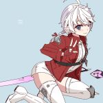  1girl ahoge alisaie_leveilleur bangs blue_eyes boots final_fantasy final_fantasy_xiv fingerless_gloves gloves jacket kneeling lili_mdoki long_hair looking_at_viewer open_clothes open_jacket pointy_ears rapier red_mage solo sword thigh_boots thighhighs v weapon white_hair 