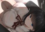  1girl absurdres bangs black_hair blue_eyes bra breasts highres huge_filesize koburakko large_breasts looking_at_viewer original pov red_bra see-through sitting translation_request underwear 