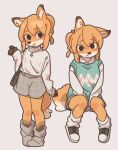 anthro boots bottomwear canid canine clothing female footwear fox fur hi_res jewelry mammal necklace orange_body orange_fur purse shoes shorts simple_background sitting skirt smile smiling_at_viewer sneakers solo sweater topwear vest yagi_the_goat
