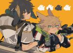  2boys :3 animal_ears arknights ayerscarpe_(arknights) black_gloves black_necktie blonde_hair bright_pupils brown_hair fingerless_gloves gloves green_eyes grey_shirt highres hood hooded_jacket infection_monitor_(arknights) jacket leonhardt_(arknights) looking_at_viewer lop_rabbit_ears lying lying_on_another multiple_boys necktie on_stomach orange_eyes rabbit rabbit_boy rabbit_ears remu_(kudarizaka_25) shirt shoes short_hair simple_background sitting smile white_jacket white_pupils yellow_background 