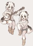 anthro australian_shepherd banjo_(instrument) blush boots bottomwear breasts canid canine canis cleavage clothed clothing domestic_dog female footwear half-closed_eyes herding_dog hi_res jewelry mammal musical_instrument narrowed_eyes necklace pastoral_dog playing_music plucked_string_instrument raised_leg sheepdog shirt shorts sitting smile smiling_at_viewer solo string_instrument tank_top topwear yagi_the_goat