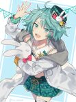  1boy :d crop_top green_eyes green_hair green_skirt hair_ornament hairclip hat_pin holding holding_stuffed_toy holostars jacket kagami_kira long_sleeves looking_at_viewer male_focus open_mouth otoko_no_ko pleated_skirt pom_pom_(clothes) riri_zuran skirt smile solo stuffed_animal stuffed_bunny stuffed_toy thighhighs twitter_username virtual_youtuber 