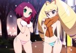  2girls blue_panties breasts brown_eyes dress gloves green_eyes kaidou_zx long_hair looking_at_viewer luna_platz_(mega_man) mega_man_(series) mega_man_star_force multiple_girls navel nipples no_bra own_hands_clasped own_hands_together panties pink_panties red_gloves red_hair scarf short_hair shorts side-tie_panties small_breasts sonia_strumm_(mega_man) topless twintails underwear white_panties 