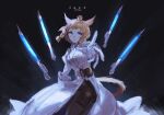  1girl animal_ears blonde_hair cat_ears cat_tail dark_background final_fantasy final_fantasy_xiv floating_weapon glowing glowing_weapon highres jacket looking_at_viewer miqo&#039;te outstretched_arm sage_(final_fantasy) short_hair solo tail velahka weapon 