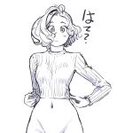  1girl adjusting_clothes bottomless carina_(xiaowoo) cropped_sweater highres kishi_mieko long_sleeves looking_at_viewer monochrome navel onna_shunin_kishi_mieko out-of-frame_censoring short_hair sketch solo standing striped_clothes striped_sweater sweater 