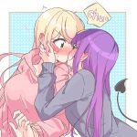  2girls absurdres blonde_hair blush breasts closed_eyes demon_tail green_eyes grey_sweater highres hololive hood hoodie kiss large_breasts long_hair momosuzu_nene multiple_girls okome_0628 pink_hoodie polka_dot polka_dot_background purple_hair surprise_kiss surprised sweater tail tokoyami_towa virtual_youtuber yuri 