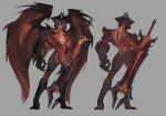  1boy aatrox bara black_skin colored_skin cuntboy darkin_(league_of_legends) demon demon_boy demon_wings full_body glowing glowing_eyes grey_background helmet highres league_of_legends male_focus multiple_views muscular muscular_male pussy red_eyes red_skin shiny_skin standing sword weapon wings xkov_(cerberuskeeper) 