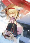  1girl absurdres animal_ears arknights belly_rub blonde_hair closed_eyes commentary_request facing_ahead fox fox_ears fox_tail hairband highres holding holding_umbrella japanese_clothes kimono long_sleeves new_year official_alternate_costume oil-paper_umbrella open_mouth outdoors pink_kimono red_hairband sandals shoujo_l smile snow solo squatting stone_lantern suzuran_(arknights) suzuran_(yukibare)_(arknights) tail umbrella wide_sleeves 