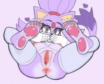 absurd_res anthro anus blaze_the_cat breasts butt clothing covering covering_mouth covering_own_mouth covering_self female genitals gloves handwear hi_res legwear looking_at_viewer mammal pawpads paws pussy sega sh1vss solo sonic_the_hedgehog_(series) spread_legs spreading tail