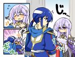 1boy 1girl blue_cape blue_eyes blue_hair blush brother_and_sister cape circlet fire_emblem fire_emblem:_genealogy_of_the_holy_war flustered headband holding holding_cape holding_clothes hug implied_incest julia_(fire_emblem) long_hair open_mouth ponytail purple_eyes purple_hair seliph_(fire_emblem) siblings white_headband yukia_(firstaid0) 