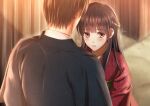  1boy 1girl blush braid brown_hair couple grey_kimono height_difference izumi_(stardustalone) japanese_clothes kimono long_hair looking_at_another parted_lips red_kimono renri_no_chigiri_wo_kimi_to_shiru upper_body 