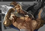  1boy abs art_program_in_frame bara bare_pectorals beard brown_hair facial_hair full_beard highres large_pectorals league_of_legends looking_at_viewer male_focus mature_male muscular muscular_male pantheon_(league_of_legends) pectorals solo thick_beard thick_eyebrows unfinished upper_body xkov_(cerberuskeeper) 