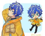  1boy :d aqua_eyes astel_leda black_bodysuit blonde_hair blue_hair bodysuit boots chibi coat doodle holostars light_blush looking_at_viewer messy_hair multiple_views open_mouth riri_zuran short_hair smile standing thigh_boots thighhighs twitter_username virtual_youtuber yellow_coat 