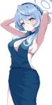  1girl absurdres ako_(blue_archive) ako_(dress)_(blue_archive) armpits blue_archive blue_eyes blue_hair blush breasts cleavage closed_mouth commentary_request dress gpyz7575 hair_between_eyes highres looking_at_viewer medium_breasts medium_hair official_alternate_costume sideless_dress sideless_outfit simple_background sleeveless sleeveless_dress solo standing thighs white_background 