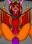  anal anal_penetration anthro arty bdsm bondage bound chain collar dragon genitals horn male male/male orange_body penetration penis red_body sex solo_focus tongue wings 