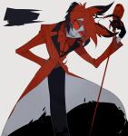  1boy alastor_(hazbin_hotel) antlers arm_behind_back black_hair cane colored_sclera commentary_request deer_antlers formal hazbin_hotel higa423 highres holding holding_cane horns looking_at_viewer male_focus multicolored_hair red_hair red_sclera sharp_teeth short_hair simple_background smile suit teeth 