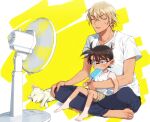  2boys amuro_tooru animal arm_around_waist bangs barefoot black-framed_eyewear blonde_hair blue_eyes blue_pants brown_hair brown_shorts casual child closed_eyes collarbone commentary_request dog edogawa_conan electric_fan fanning_self feet fingernails food food_in_mouth full_body glasses hair_between_eyes haro_(meitantei_conan) holding holding_food hot indian_style k_(gear_labo) male_focus meitantei_conan multiple_boys open_mouth pants popsicle shirt short_hair short_sleeves shorts sitting sitting_on_lap sitting_on_person sleeveless sleeveless_shirt sweat tan tanline toenails toes tongue tongue_out two-tone_background white_background white_dog yellow_background 