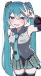  1girl absurdres aqua_eyes aqua_hair aqua_necktie belt black_sleeves black_thighhighs blush breasts collared_shirt cowboy_shot detached_sleeves double-parted_bangs eyelashes furuima green_skirt grey_shirt hair_between_eyes hair_ornament hand_up hatsune_miku highres long_hair looking_at_viewer loose_belt necktie open_mouth pleated_skirt shirt sidelocks simple_background skirt sleeveless sleeveless_shirt smile tearing_up thigh_gap thighhighs thighs twintails v v_over_head very_long_hair vocaloid white_background zettai_ryouiki 
