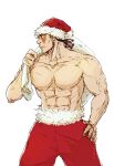  1boy bara black_hair christmas highres jujutsu_kaisen kobikimaru large_pectorals male_focus muscular muscular_male no_nipples pectorals sack santa_costume scar scar_across_eye short_hair sideburns solo topless_male toudou_aoi_(jujutsu_kaisen) unfinished 