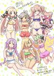  6+girls animal_hair_ornament antennae blonde_hair blue_eyes blush bow braid breast_envy breasts brown_eyes butterfly_wings cleavage clorica_(rune_factory) closed_eyes dolce_(rune_factory) drooling elf flat_chest flower forte_(rune_factory) green_hair grey_eyes grey_hair hair_between_eyes hair_flower hair_ornament hair_ribbon hat heart heart_in_eye highres imaijun insect_wings kohaku_(rune_factory) long_hair margaret_(rune_factory) medium_breasts multiple_girls navel official_alternate_costume open_mouth panda_hair_ornament pico_(rune_factory) pink_hair pointy_ears ponytail purple_hair ribbon rune_factory rune_factory_4 short_hair small_breasts smile swimsuit symbol_in_eye translation_request twin_braids twintails wings xiao_pai 