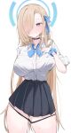  1girl absurdres asuna_(blue_archive) black_choker black_panties black_skirt blonde_hair blue_archive blue_bow blue_bowtie blue_eyes blue_halo blue_nails blue_ribbon blue_scrunchie blush bow bowtie breasts choker closed_mouth commentary_request fingernails hair_over_one_eye hair_ribbon halo highres large_breasts long_hair looking_at_viewer nail_polish nui_(nuinui0300) panties panty_pull ribbon scrunchie short_sleeves simple_background skirt smile solo underwear very_long_hair white_background wrist_scrunchie 