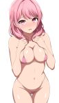  1girl absurdres anime_coloring bang_dream! bare_shoulders bikini blush breasts cleavage collarbone highres large_breasts looking_at_viewer maruyama_aya micro_bikini navel noshimurin open_mouth pink_bikini pink_eyes pink_hair simple_background solo stomach swimsuit thighs white_background 