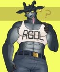 2_horns abs absurd_res alnoodle anthro belt big_muscles black_body black_fur black_hair blue_bottomwear blue_clothing blue_jeans blue_pants bottomwear bovid breasts caprine clothed clothing curved_horn denim denim_bottomwear denim_clothing digital_drawing_(artwork) digital_media_(artwork) ear_tag epic_games eyelashes female fortnite front_view fur gesture goat goat_simulator grey_body grey_fur hair hi_res horizontal_pupils horn jeans long_tongue low-angle_view male mammal multicolored_body multicolored_fur muscular muscular_anthro muscular_female pants pilgor_(goat_simulator) pointing pointing_at_self pupils question_mark shirt simple_background small_breasts snout solo standing tank_top text text_on_clothing text_on_shirt text_on_tank_top text_on_topwear tongue tongue_out topwear white_clothing white_shirt white_tank_top white_topwear yellow_background yellow_sclera
