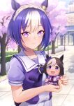  1girl animal_ears blue_hair bow bowtie braid cesario_(umamusume) cherry_blossoms crown_braid doll from_side highres holding holding_doll horse_ears horse_girl looking_at_viewer looking_to_the_side multicolored_hair pleated_skirt ponpochi puffy_short_sleeves puffy_sleeves purple_bow purple_bowtie purple_eyes purple_shirt sailor_collar sailor_shirt school_uniform shirt short_hair short_sleeves skirt smile solo special_week_(umamusume) tracen_academy tracen_school_uniform two-tone_hair umamusume white_hair white_skirt 