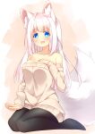  :d akiaki_(mofumo-freak) animal_ears beckoning blue_eyes blush breasts cleavage eyebrows_visible_through_hair fox_ears fox_girl fox_tail hair_between_eyes highres lap_pillow_invitation long_hair looking_at_viewer open_mouth original patting_lap seiza simple_background sitting smile sweater tail thighhighs white_background white_hair 