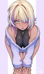  1girl :o bare_shoulders bent_over black_bodysuit blonde_hair bodysuit breasts breasts_squeezed_together crescent crescent_necklace dark-skinned_female dark_skin downblouse green_eyes hair_intakes hair_over_one_eye hands_on_own_knees highres hori_shin indie_virtual_youtuber jewelry large_breasts long_sleeves looking_at_viewer multicolored_hair necklace no_pants off-shoulder_sweater off_shoulder orange_eyes purple_hair senya_ichiya short_hair simple_background solo sweater tan thigh_gap two-tone_eyes two-tone_hair virtual_youtuber white_background white_nails white_sweater 