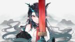  black_hair close dusk_(arknights) gloves hololive horns long_hair pointed_ears red_eyes sword tagme_(artist) weapon 