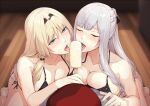  2girls ak-12_(girls_frontline) an-94_(girls_frontline) aqua_eyes bangs bare_shoulders bikini black_bikini blonde_hair blush breasts cleavage closed_eyes collarbone food girls_frontline hairband kageshio_(276006) large_breasts long_hair multiple_girls open_mouth popsicle sexually_suggestive silver_hair swimsuit tongue tongue_out 